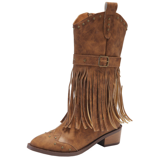 Damen nan Westernstiefel mit Fransen Nieten und Schnallenriemen EB
