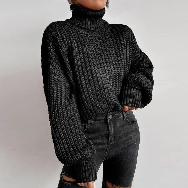 Damen nan grober Rollkragenpullover mit Oversize-Ärmeln und gerippten Bündchen EB