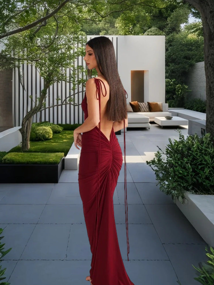 Damen Elegantes Rückenfreies Maxikleid mit raffinierten Bindebändern EB