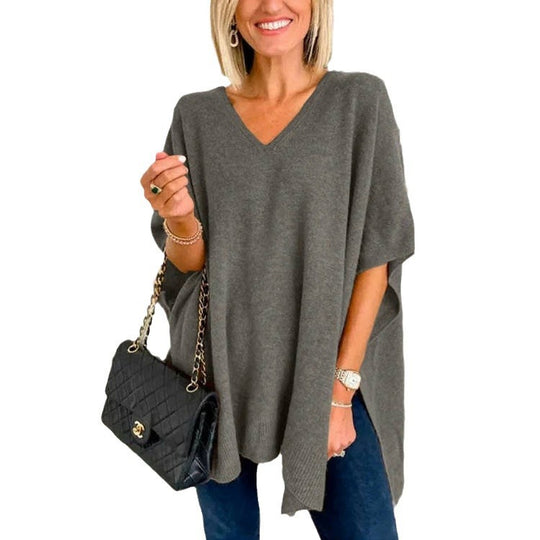 Damen lässiger Strickponcho mit V-Ausschnitt und überschnittenen Ärmeln EB