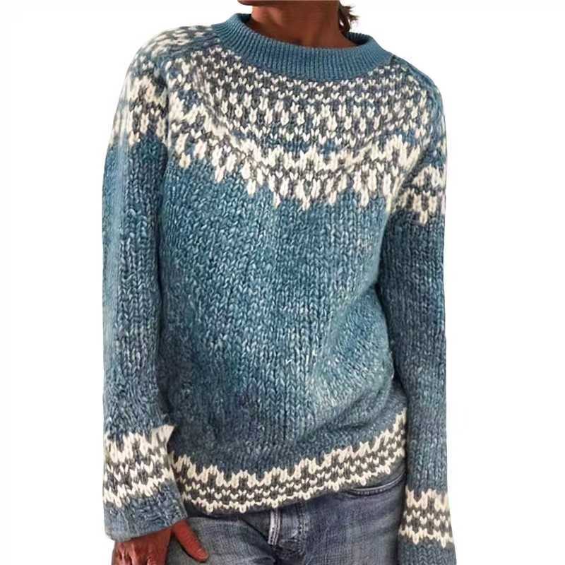 Damen nan melierter Rundhalsausschnittpullover mit kreisförmigem Jacquard-Yoke und geripptem Saum EB