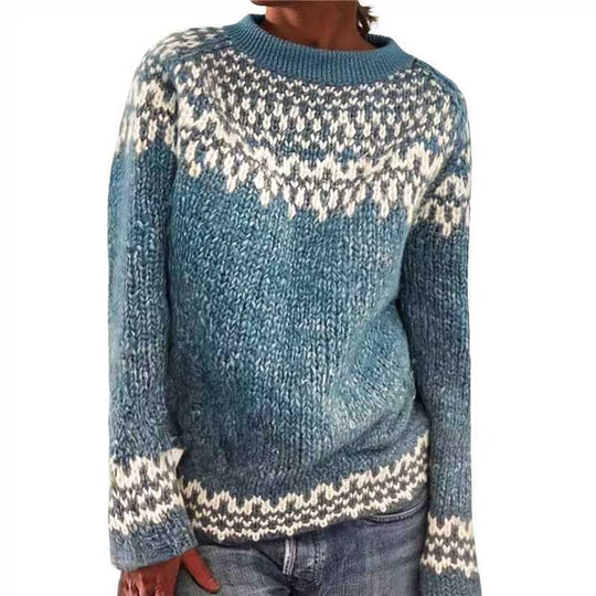 Damen nan melierter Rundhalsausschnittpullover mit kreisförmigem Jacquard-Yoke und geripptem Saum EB