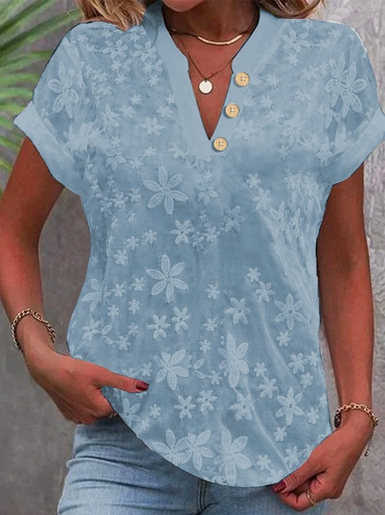 Damen Bluse mit floralem Stickmuster und klassischem V-Ausschnitt EB