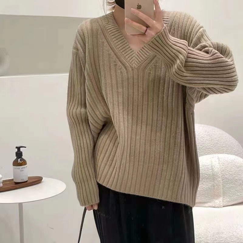 Damen Viskose-Strickpullover mit V-Ausschnitt und geripptem Design EB