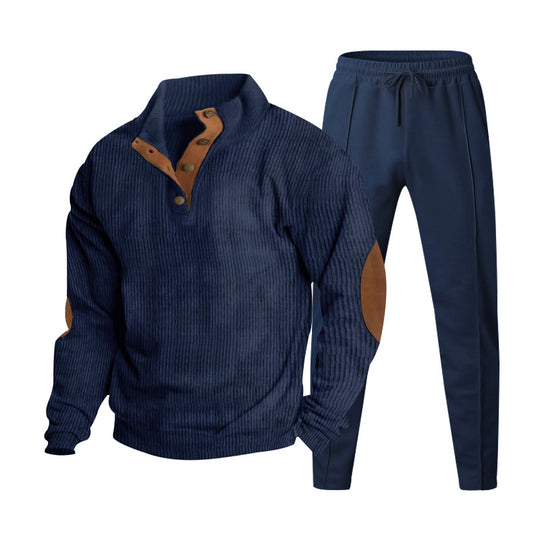 Herren Strukturiertes Henley-Loungewear-Set mit Ellenbogen-Patches & tapered Jogginghose EB