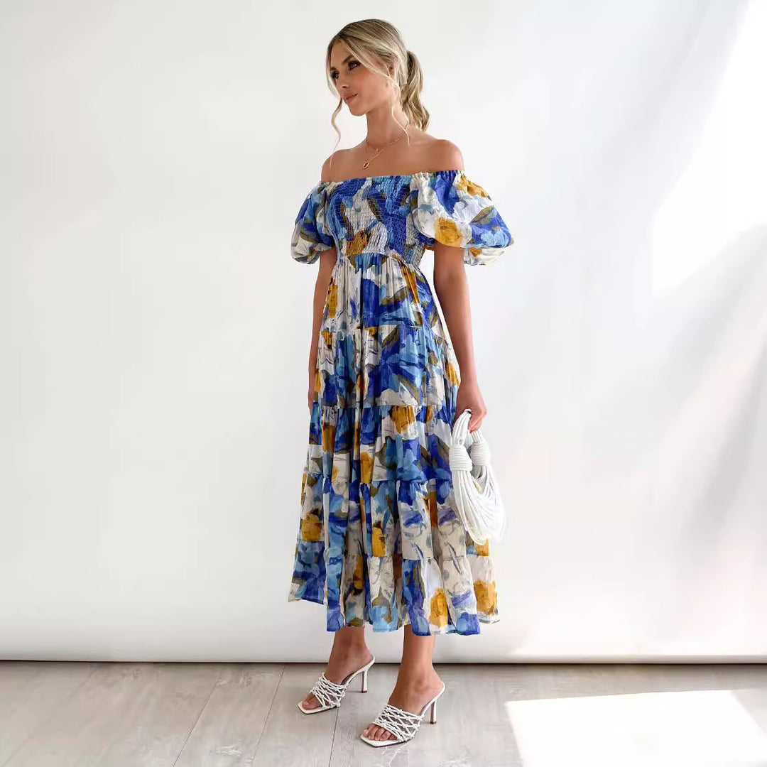 Damen Off-Shoulder Maxikleid mit voluminösen Puffärmeln EB