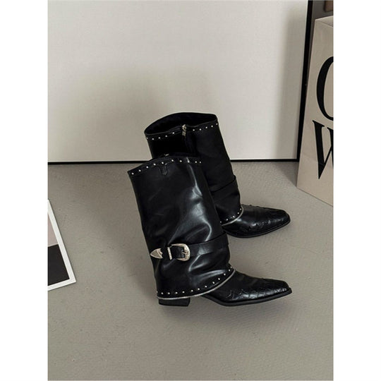 Damen Biker‑Western Midcalf‑Stiefel mit Ziernieten, Schnallenriemen und geprägter Zehenkappe EB