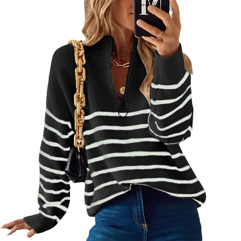 Damen lässiger Pullover mit kurzem Reißverschluss und Streifenmuster EB