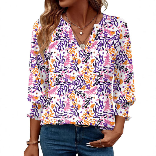 Damen modische Bluse mit verspieltem Paisleymuster und Rüschendetails EB
