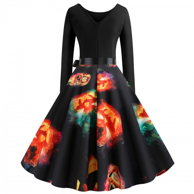 Damen Vintage-inspiriertes A-Linien-Kleid mit Kürbis-Print und Taillenschleife EB