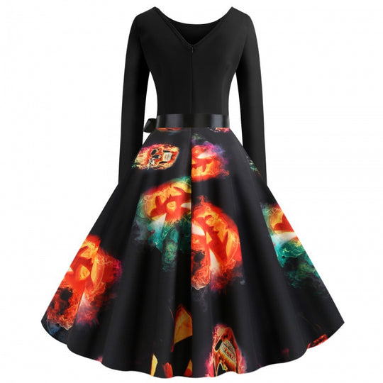 Damen Vintage-inspiriertes A-Linien-Kleid mit Kürbis-Print und Taillenschleife EB