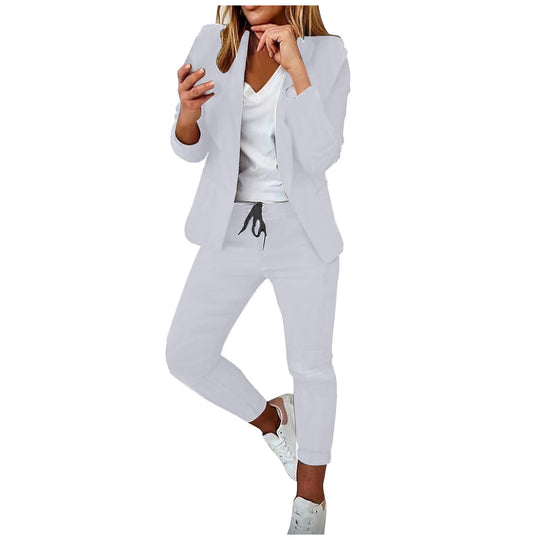 Damen nan lässiges Hosenanzug-Set mit Joggerhose, Kordelzug und tailliertem Blazer EB