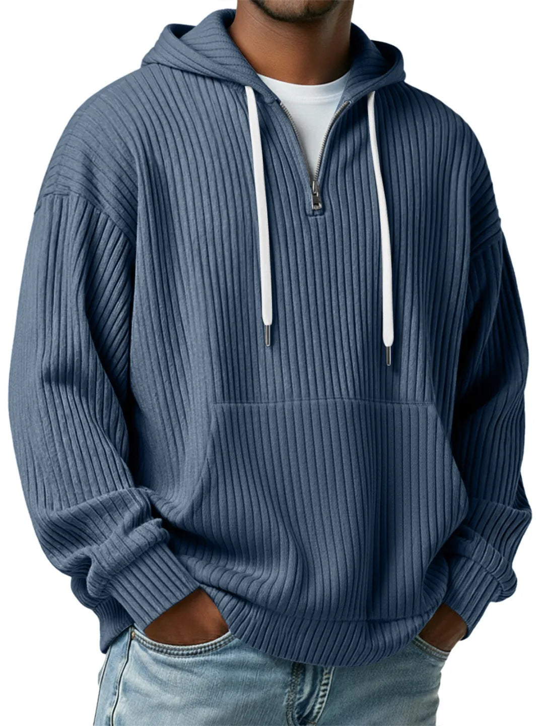 Herren nan gerippter Halfzip-Hoodie mit Kapuze, Kängurutasche und oversized Casual-Schnitt EB