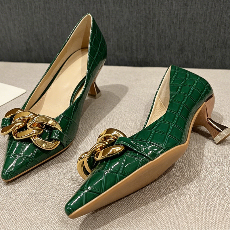 Damen elegante spitze Pumps mit goldfarbener Kettenapplikation EB