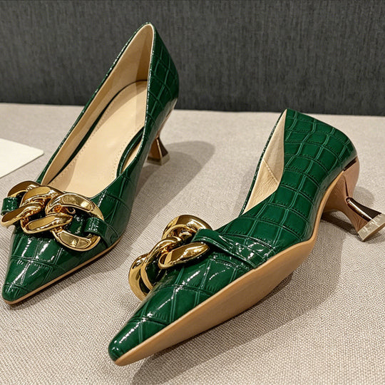 Damen elegante spitze Pumps mit goldfarbener Kettenapplikation EB