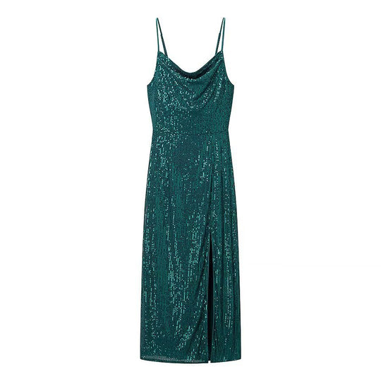 Damen Glamouröses Midikleid mit schimmerndem Stoff und bequemen Spaghettiträgern EB