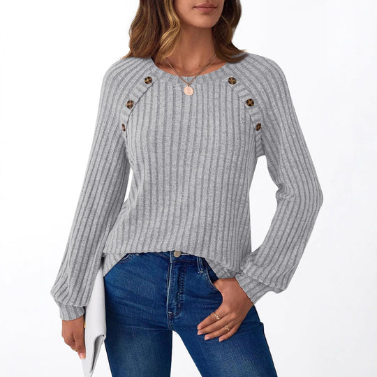 Damen Pullover mit dekorativen Knöpfen und strukturiertem Rippdesign EB
