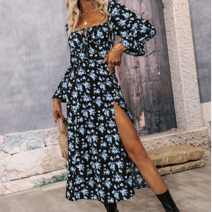 Damen Maxikleid mit seitlichem Schlitz und Puffärmeln EB