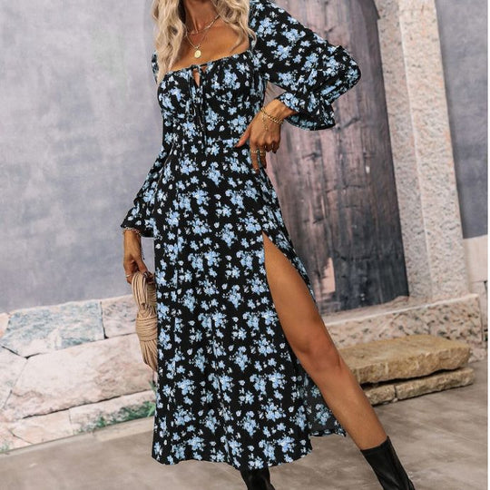 Damen Maxikleid mit seitlichem Schlitz und Puffärmeln EB