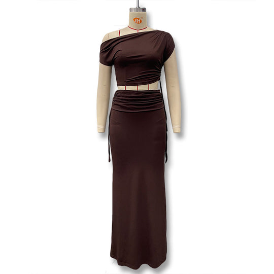 Damen Langarm-Maxikleid mit asymmetrischem Schnitt und elegantem Oberteil EB