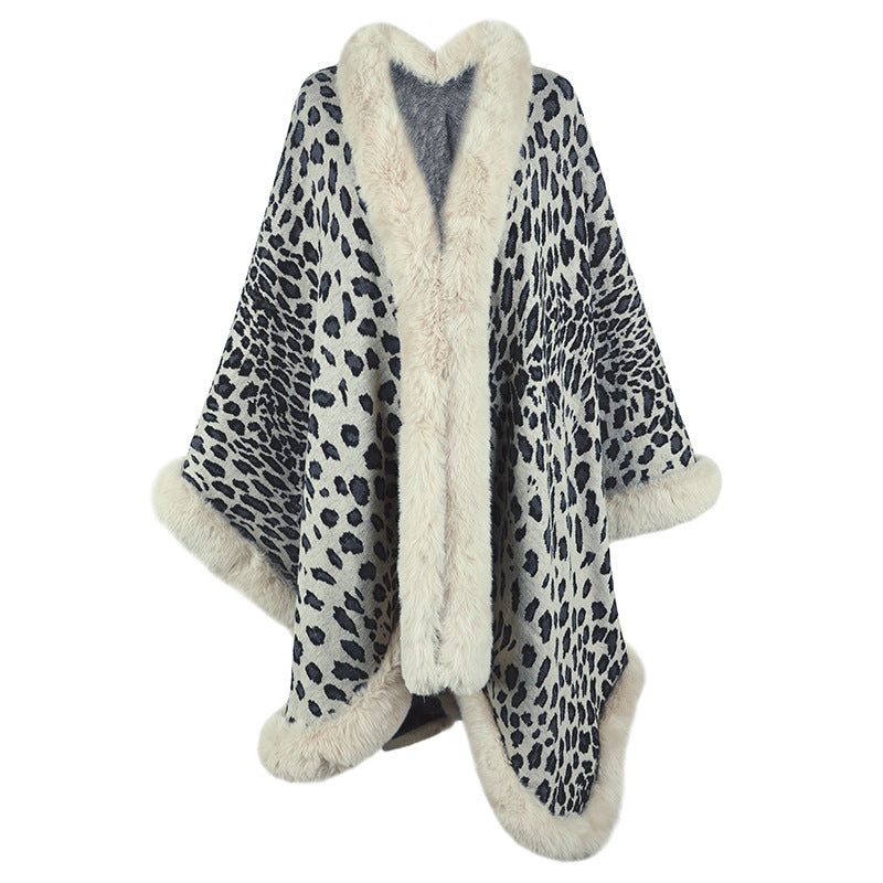 Damen kuscheliger Poncho mit luxuriösem Kunstfellbesatz und Leopardenmuster EB