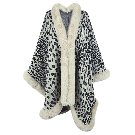 Damen kuscheliger Poncho mit luxuriösem Kunstfellbesatz und Leopardenmuster EB