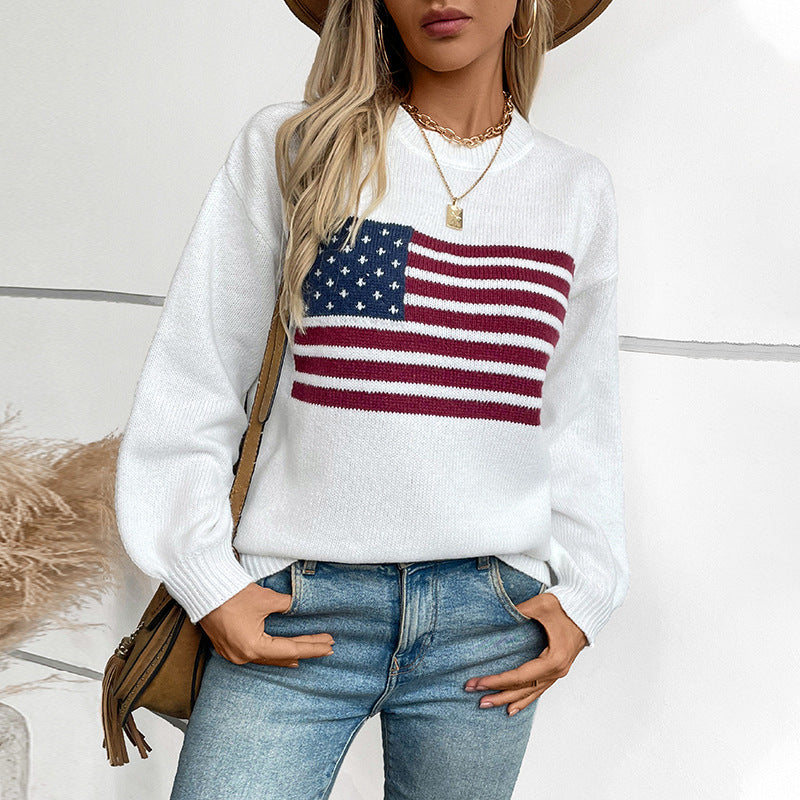 Damen Strickpullover mit Flaggenmotiv und Rundhalsausschnitt EB