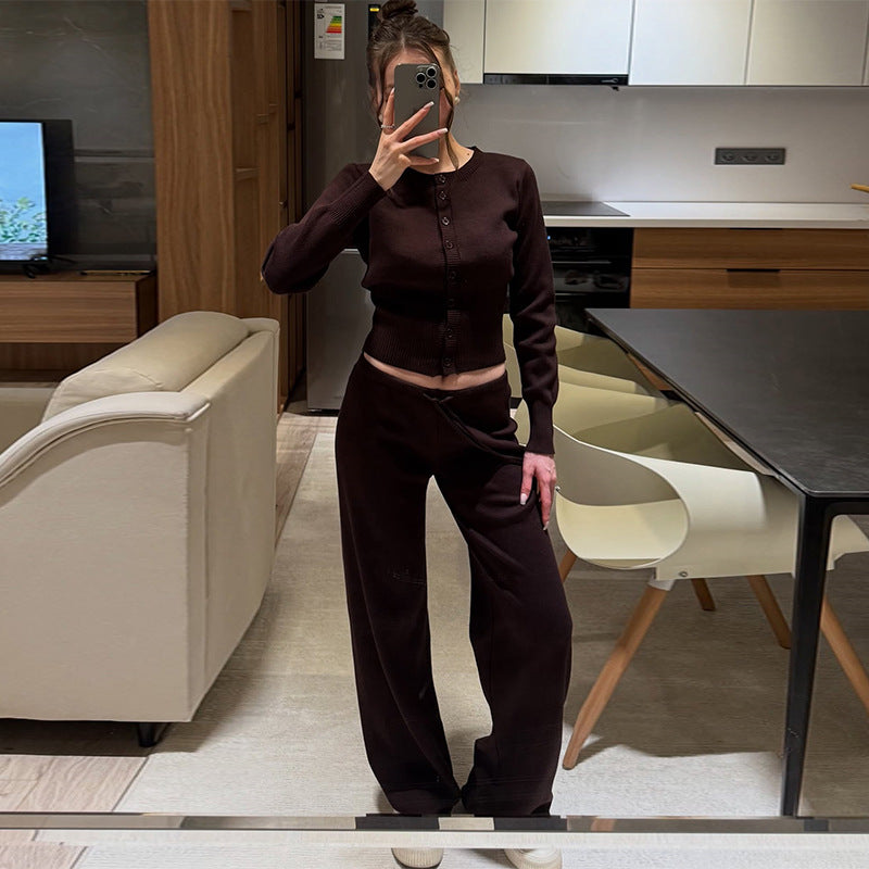 Damen Bequemes Strick-Loungewear-Set mit Knopfleiste EB