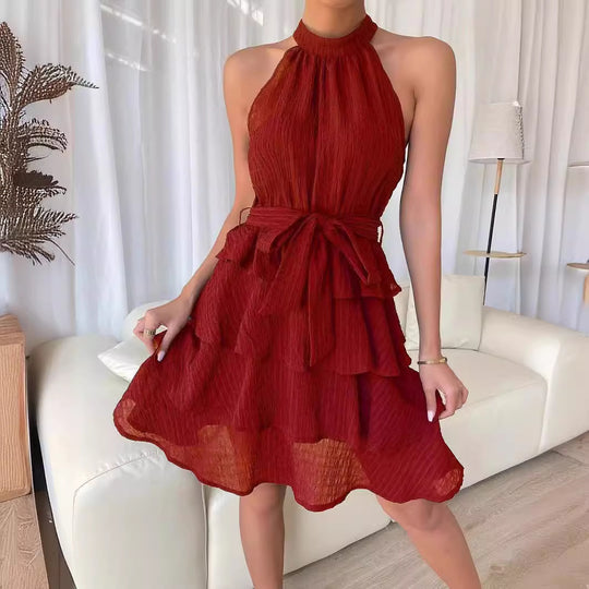 Damen Hochgeschlossenes Volantkleid mit Taillengürtel EB
