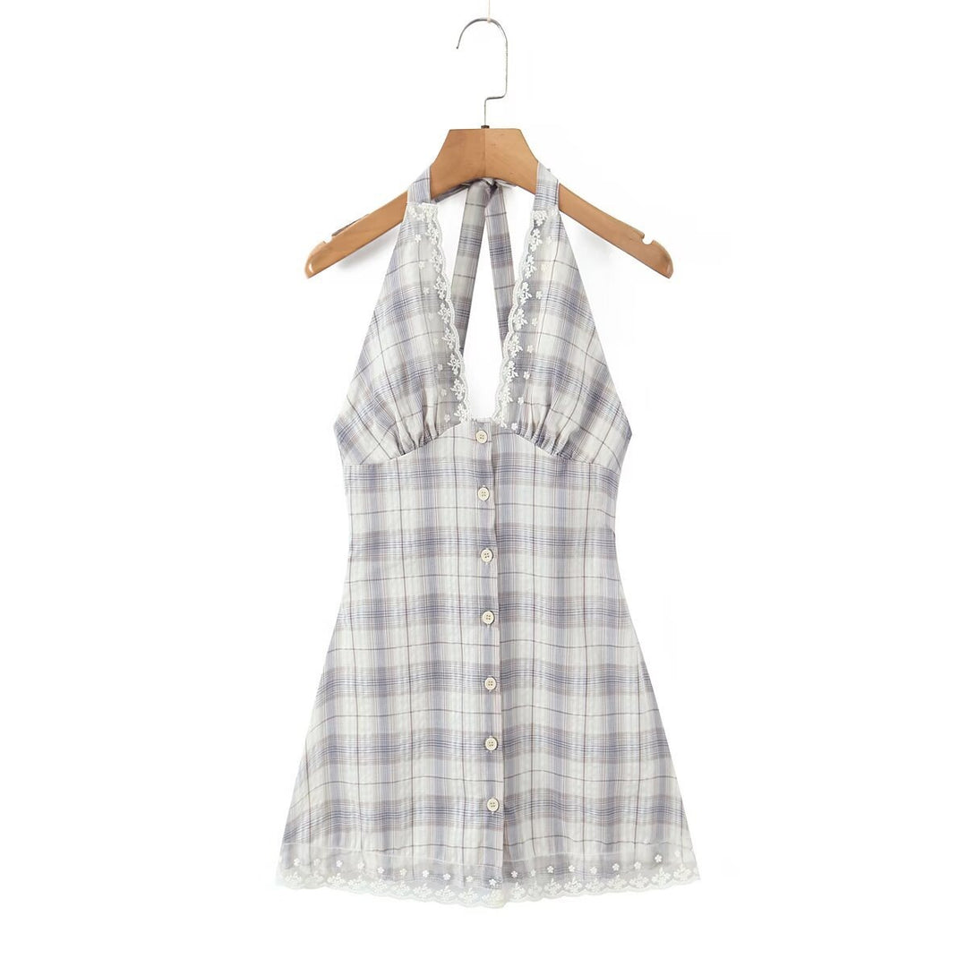Damen Halterkleid mit floralem Spitzenbesatz und Knopfleiste EB
