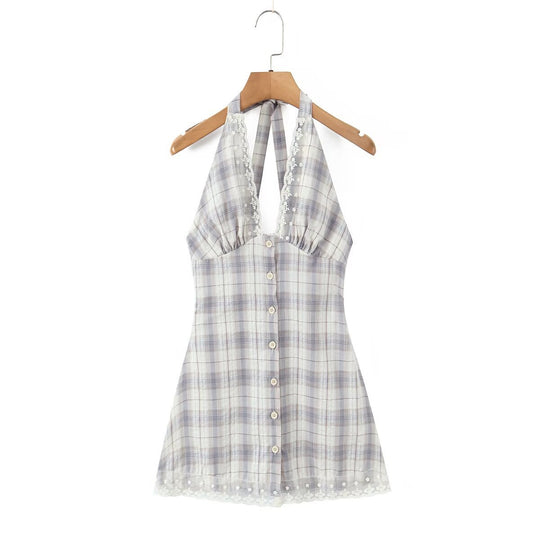 Damen Halterkleid mit floralem Spitzenbesatz und Knopfleiste EB