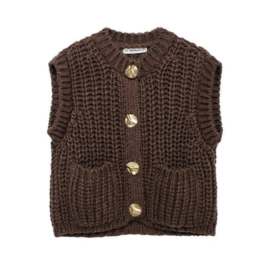 Damen grobgestrickte Woll-Boxy-Weste mit Zierknöpfen und Eingrifftaschen EB