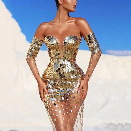 Damen Glitzerndes Abendkleid mit transparenten Ärmeln EB