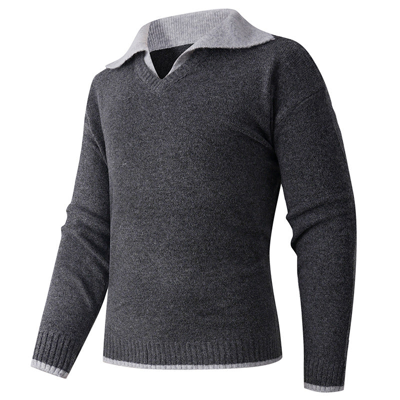 Herren V-Ausschnitt Pullover mit hochwertiger Textur und kontrastierendem Kragen EB