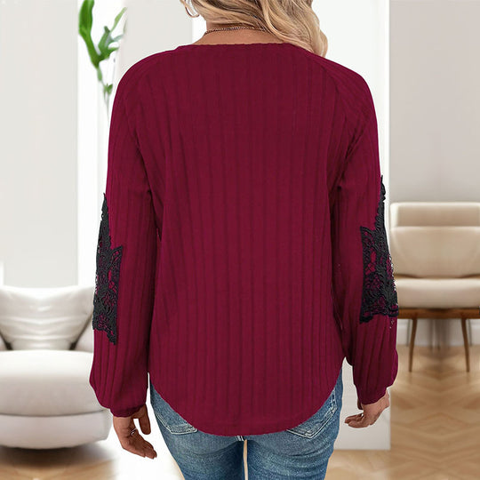 Damen Strickpullover mit Spitzenärmeln und V-Ausschnitt EB