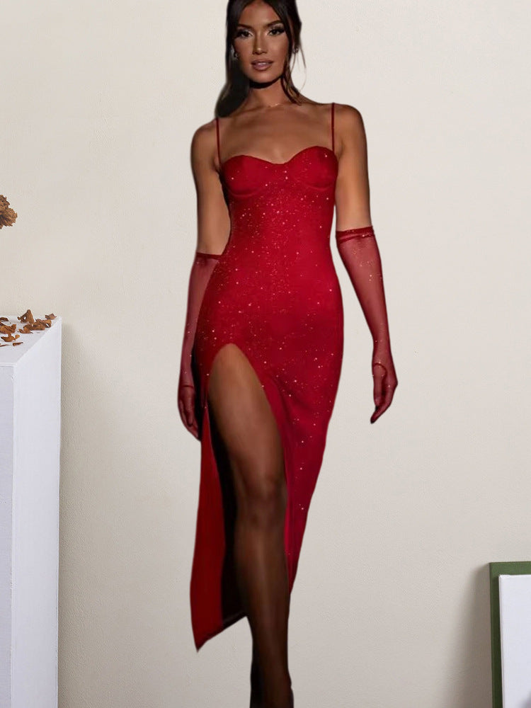 Damen Glamouröses Maxikleid mit transparenten Ärmeln und figurbetontem Schnitt EB