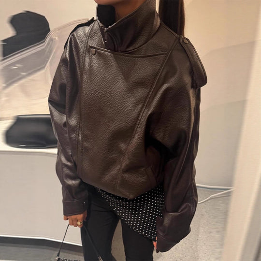 Damen Oversized Kunstlederjacke mit hohem Kragen und voluminösen Ärmeln EB