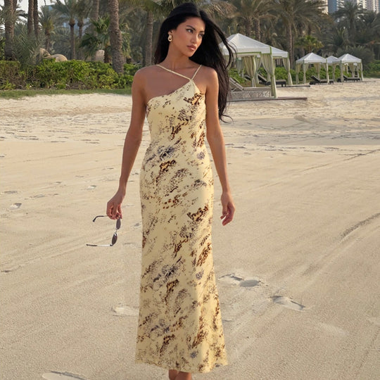 Damen Langes Etuikleid mit elegantem Muster und feinen Spaghettiträgern EB