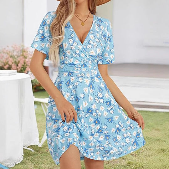 Damen Kurzarm Sommerkleid mit floralem Muster EB