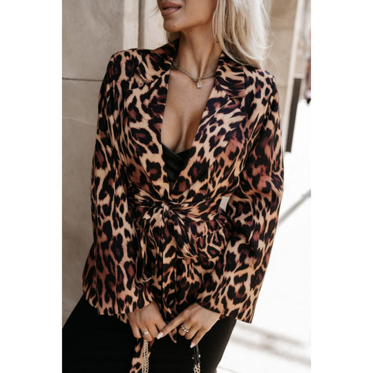 Damen Modischer Blazer im Leopardenmuster mit Bindegürtel EB