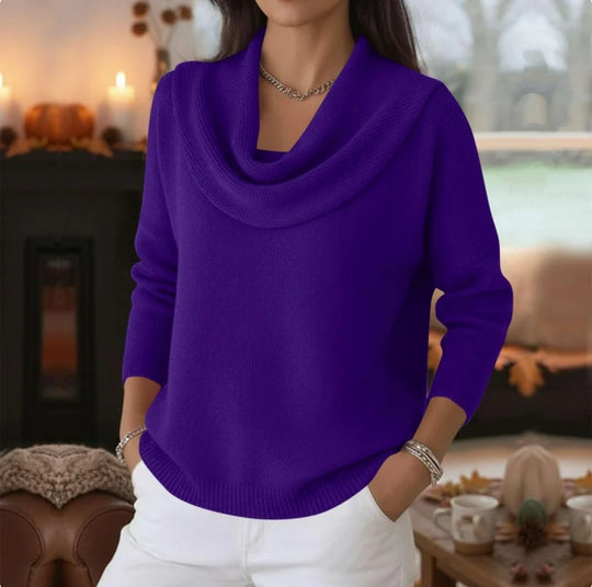 Damen Lässiger Schalkragen-Feinstrickpullover mit überschnittener Schulter und geripptem Saum EB