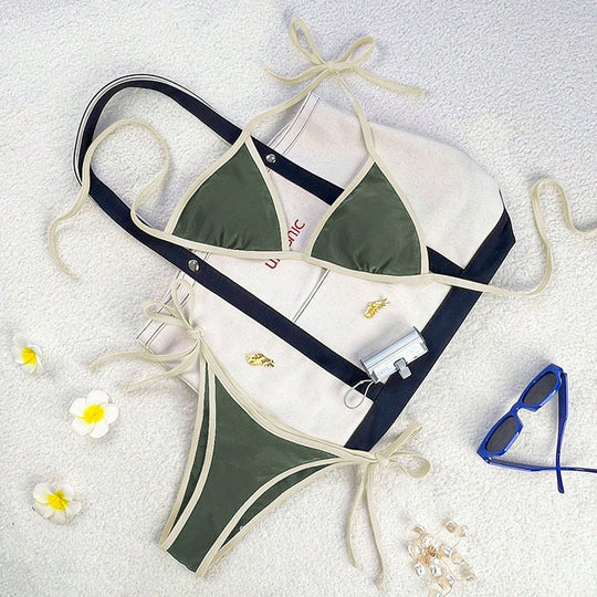Damen Triangel-Bikini mit kontrastierenden Trägern EB