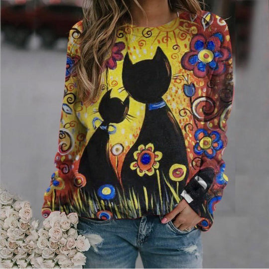 Damen Oversized-Sweatshirt mit künstlerischem Katzen-Print und floraler Musterung EB