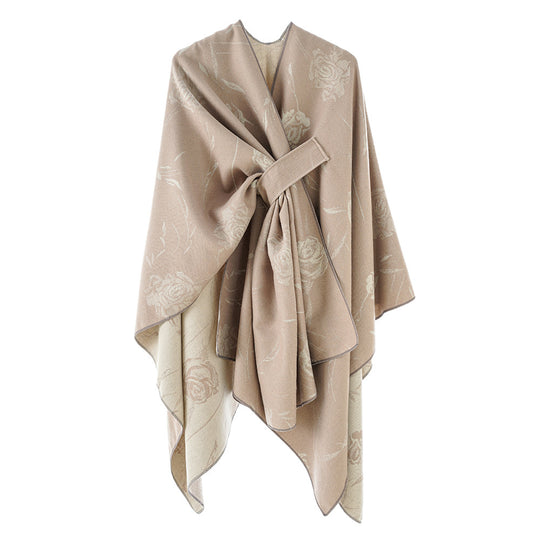 Damen Beidseitig tragbarer Jacquard-Überwurf mit Rosenmuster und Bindegürtel EB