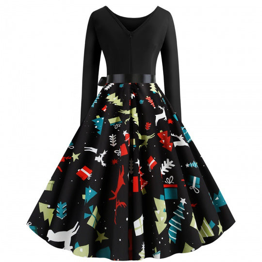 Damen Tailliertes Retro Kleid mit voluminösem Tellerrock und Weihnachtsprint EB