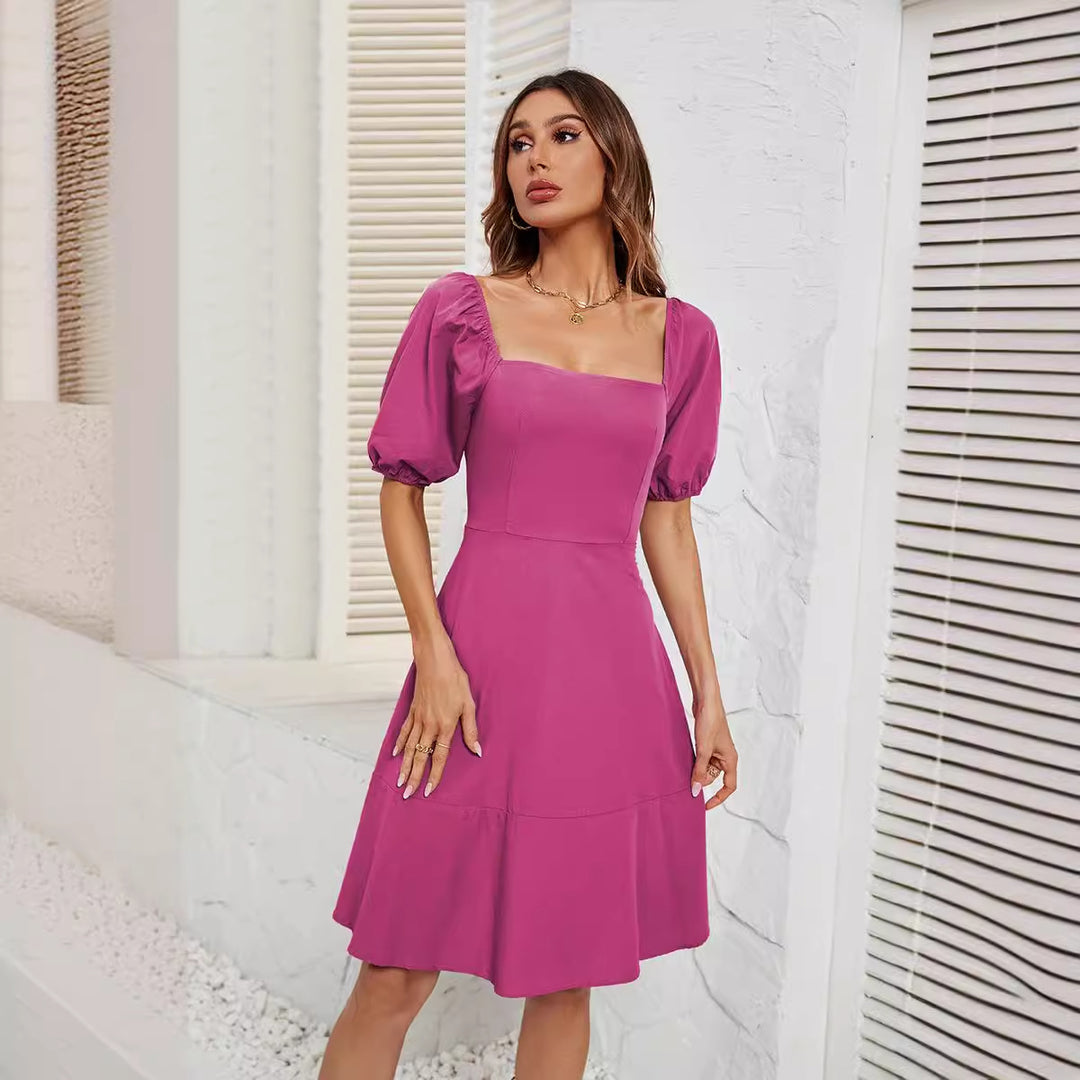 Damen Off-Shoulder Kleid mit Puffärmeln und schwingendem Rock EB