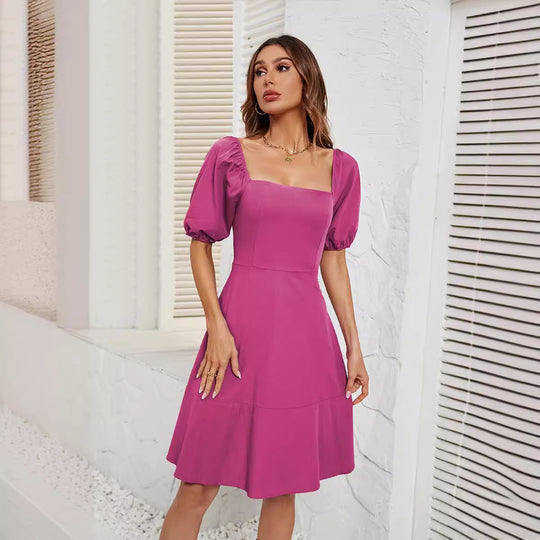 Damen Off-Shoulder Kleid mit Puffärmeln und schwingendem Rock EB