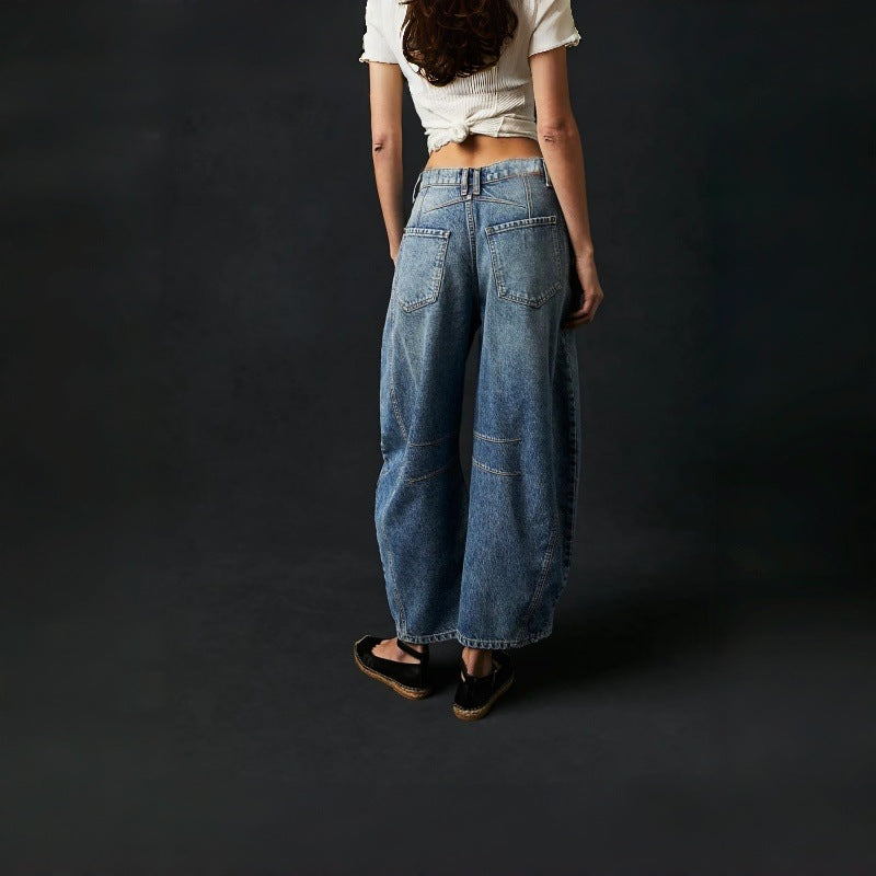 Damen Weite High-Waist Jeans im Vintage-Look mit ausgefallenem Waschverfahren EB