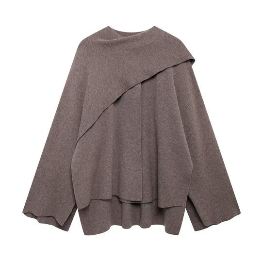 Damen nan zweilagiger Strickponcho mit asymmetrischem Saum und dekorativem Knopfkragen EB