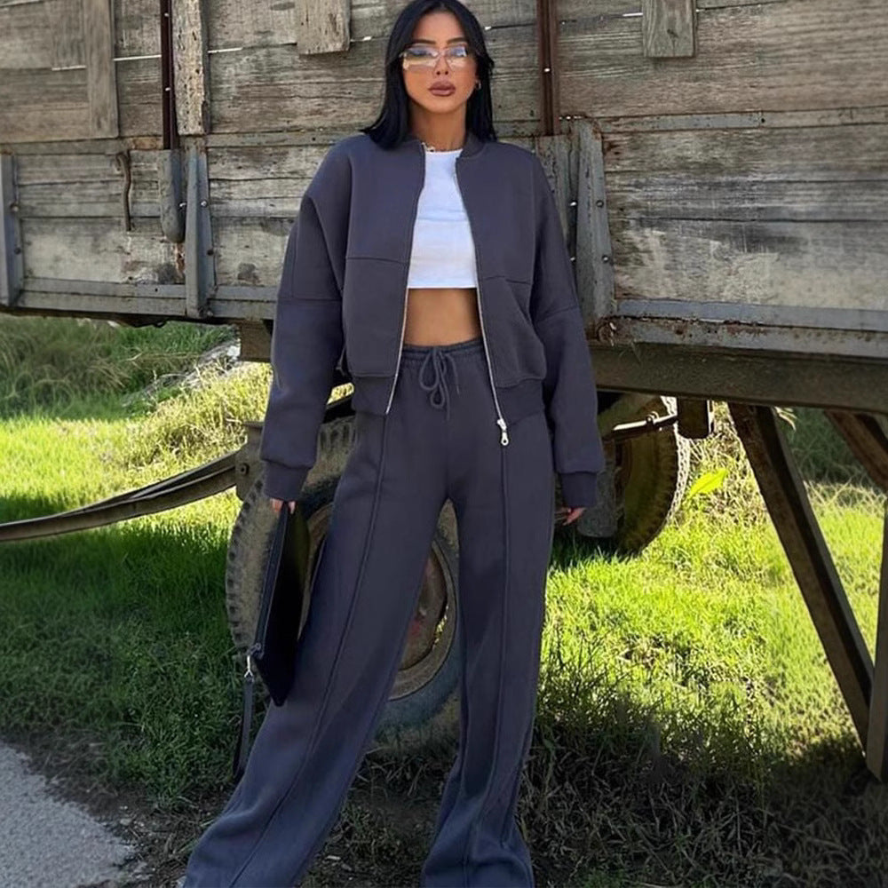 Damen nan Oversize Reißverschlussjacke mit weiter High-Waist Loungehose Set EB